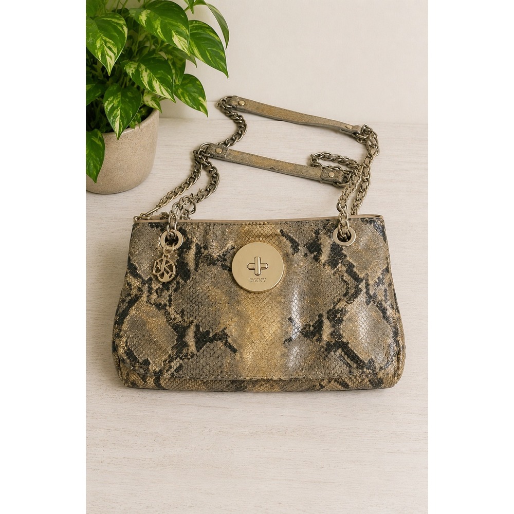 Vintage DKNY‎ Gold Snakeskin Embossed Leather Crossbody Convertible Chain Purse